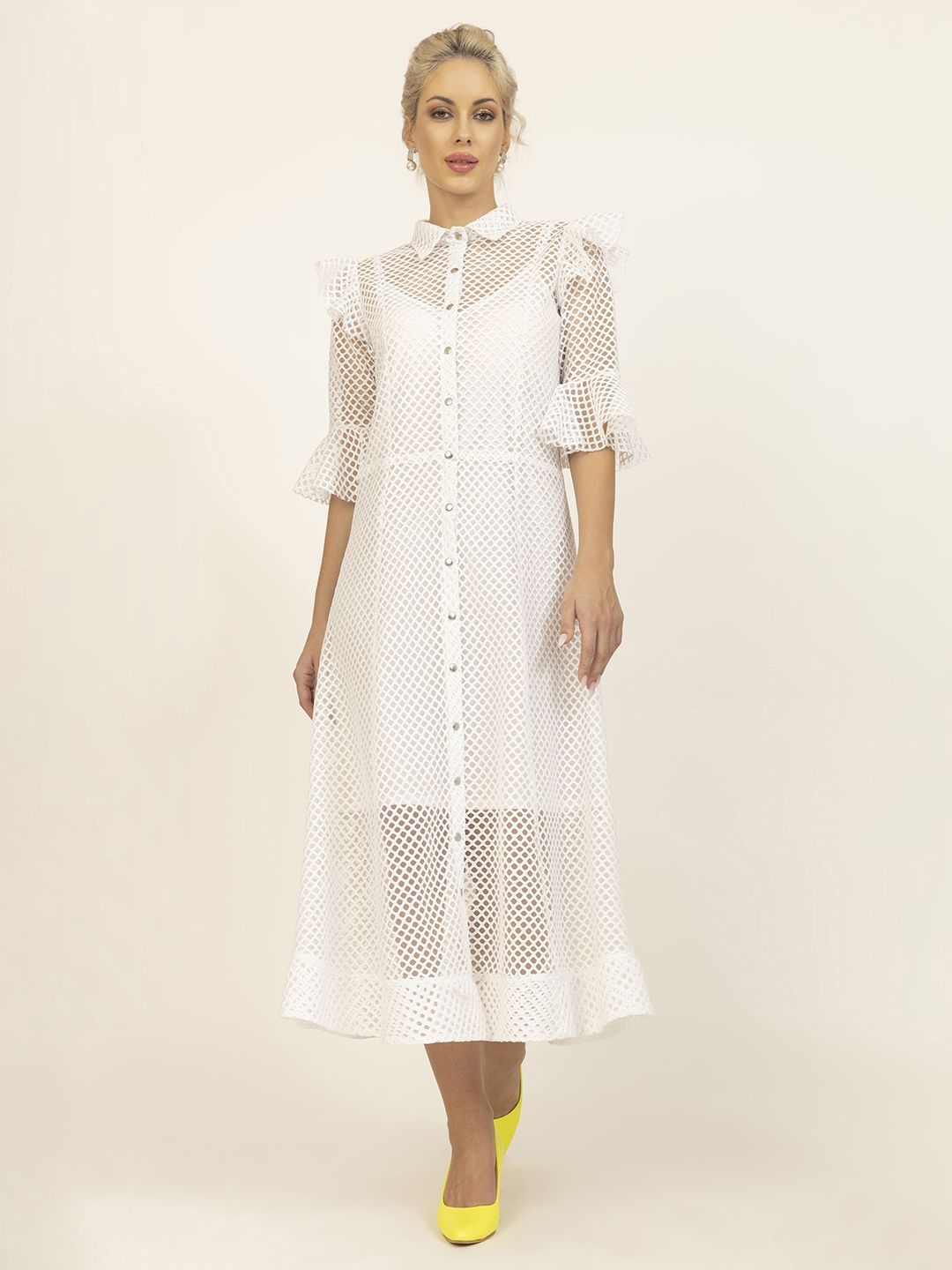 

LELA Women Shirt Collar Three-Quarter Sleeves Midi Dress, White