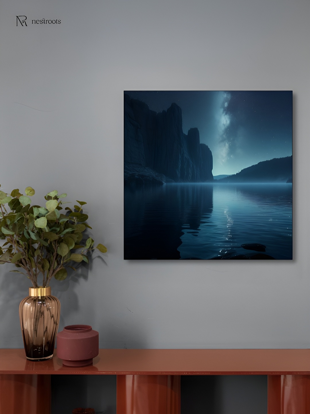 

nestroots Blue & Black Tranquil Lakeside Night Sky Canvas Painting Wall Art