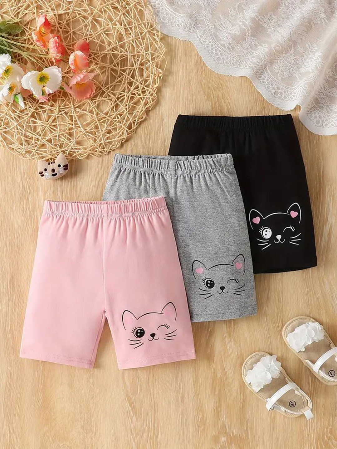 

BAESD Girls Pack of 3 Printed Pure Cotton Mid-Rise Running Shorts, Multi