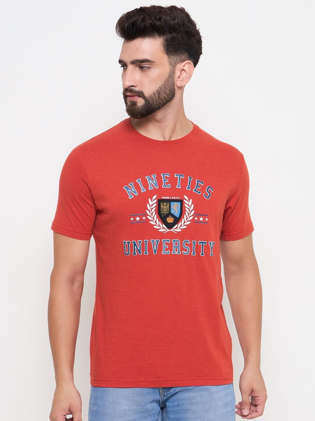 

Duke Men Typography Printed Round Neck Cotton Slim Fit T-shirt, Red