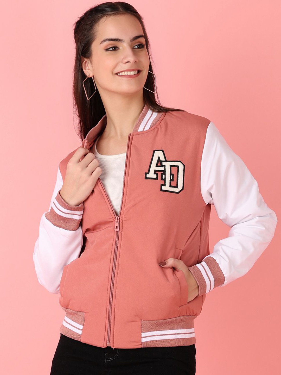 

V-Mart Women Stand Collar Typography Printed Cotton Casual Varsity Jacket, Peach