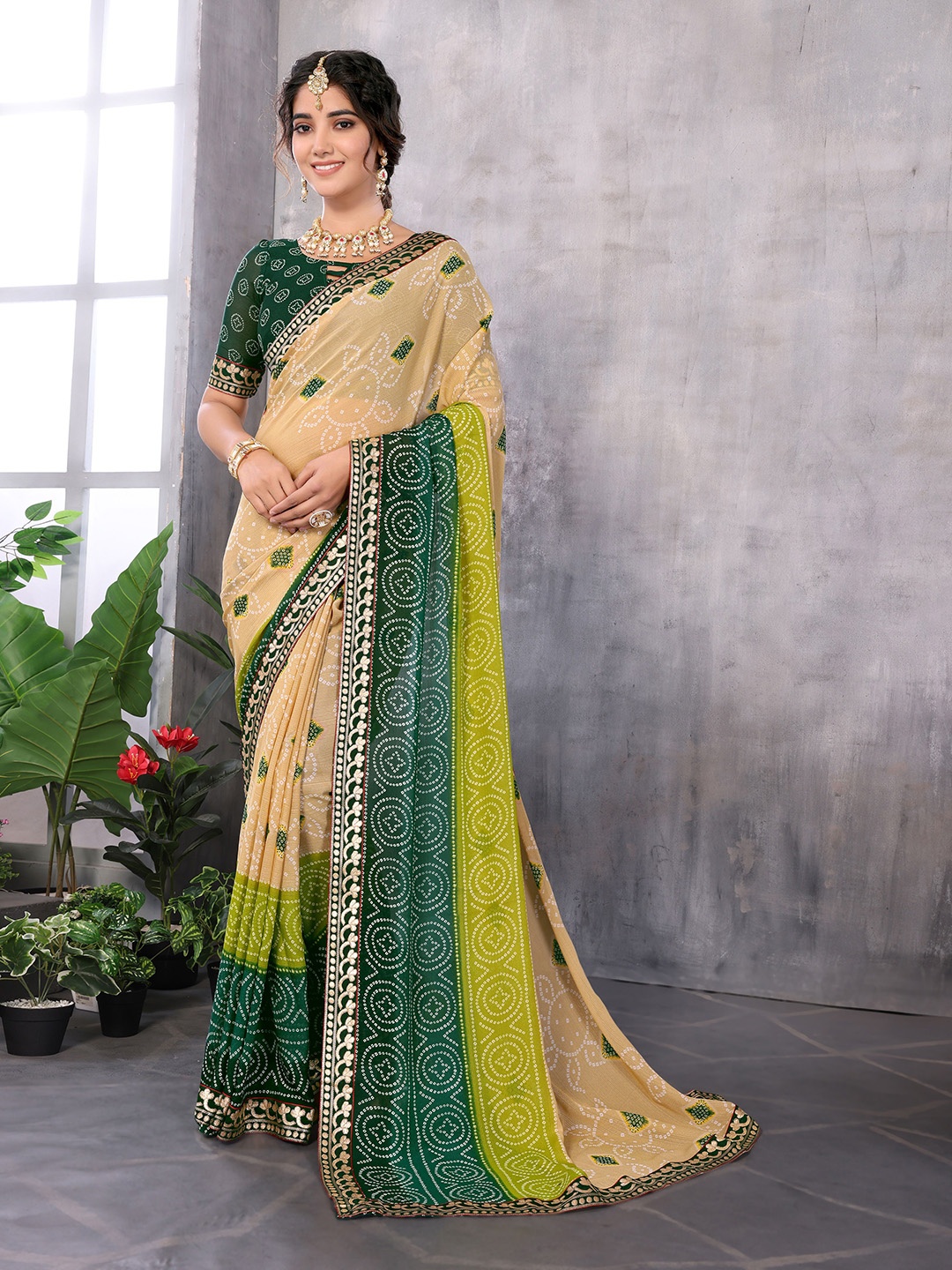 

KALINI Bandhani Zari Saree, Green