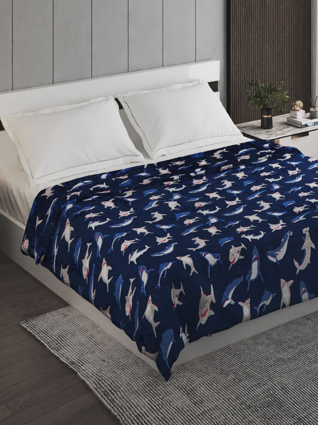 

Home Centre Blue & White Shark Printed 200 GSM Double Bed Blanket