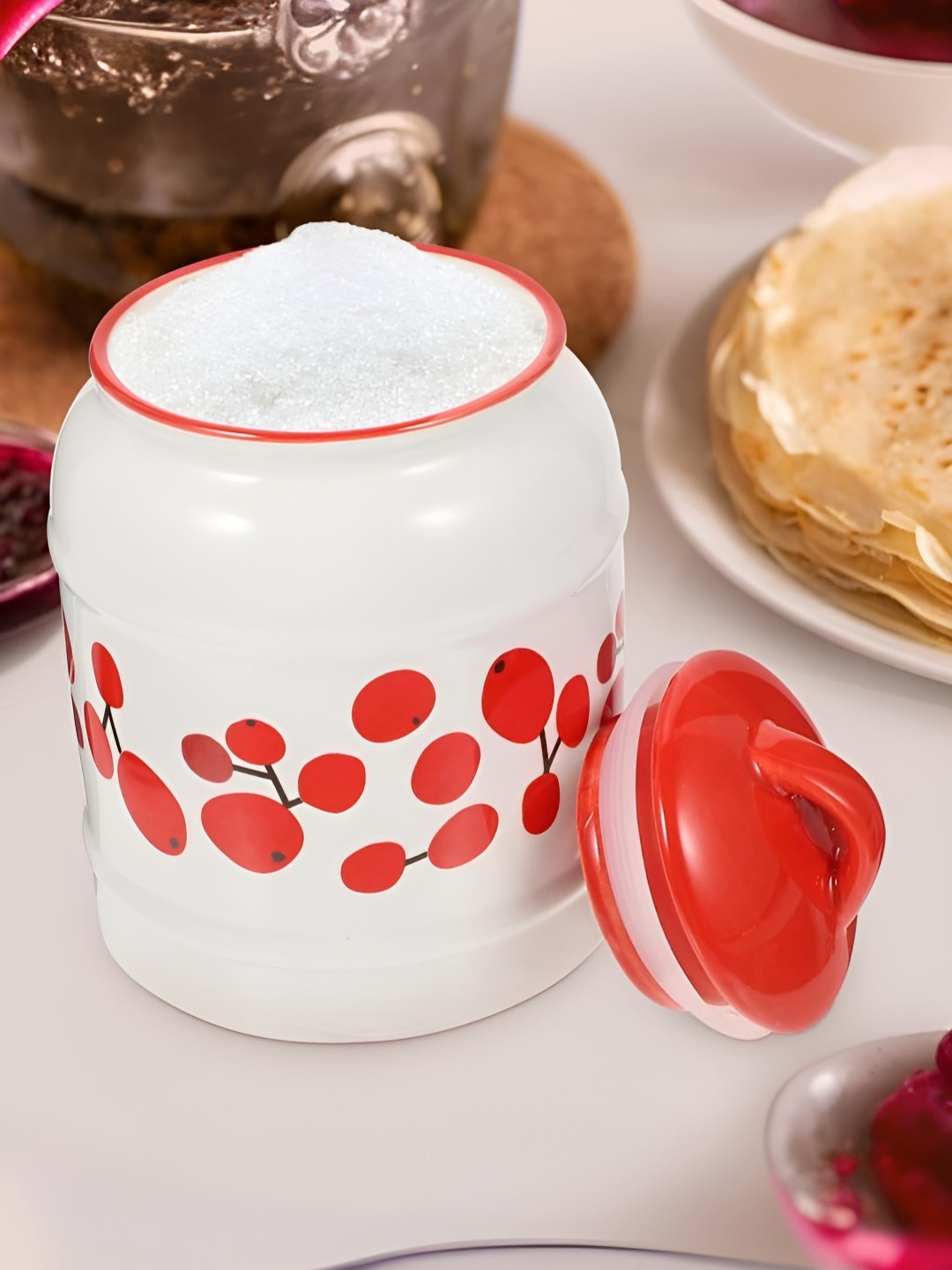 

The Better Home White & Red Prined Ceramic Easy to Clean Storage Jars 2.5L
