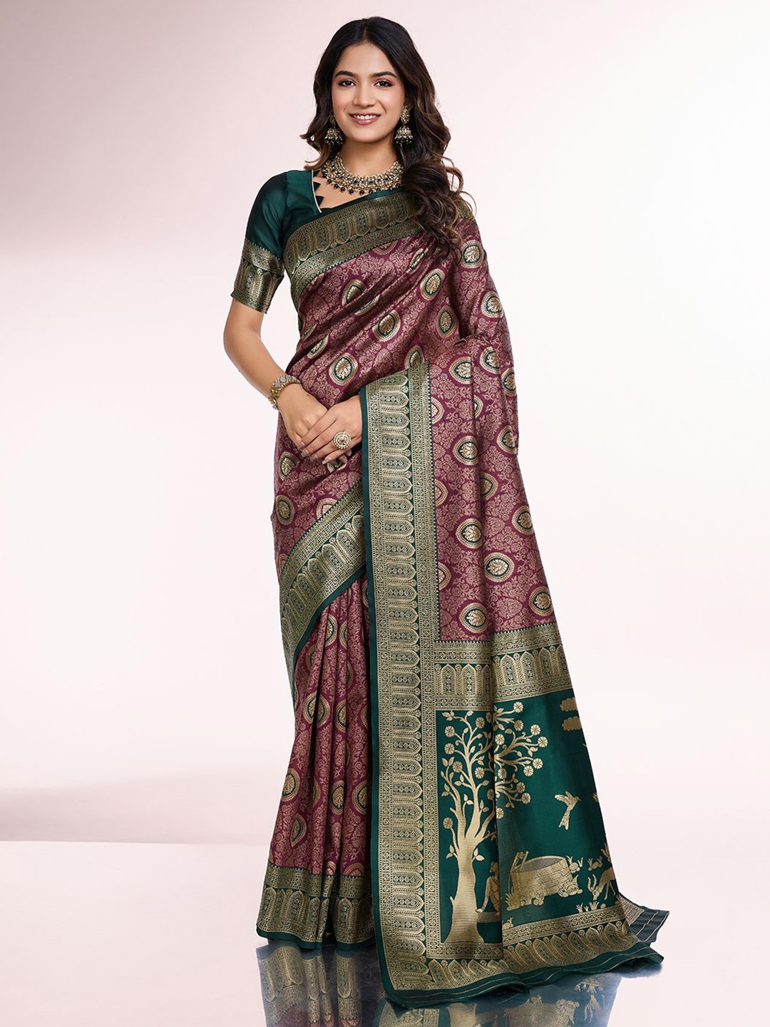 

RICH & ROMAN Woven Design Zari Pure Silk Banarasi Saree, Burgundy