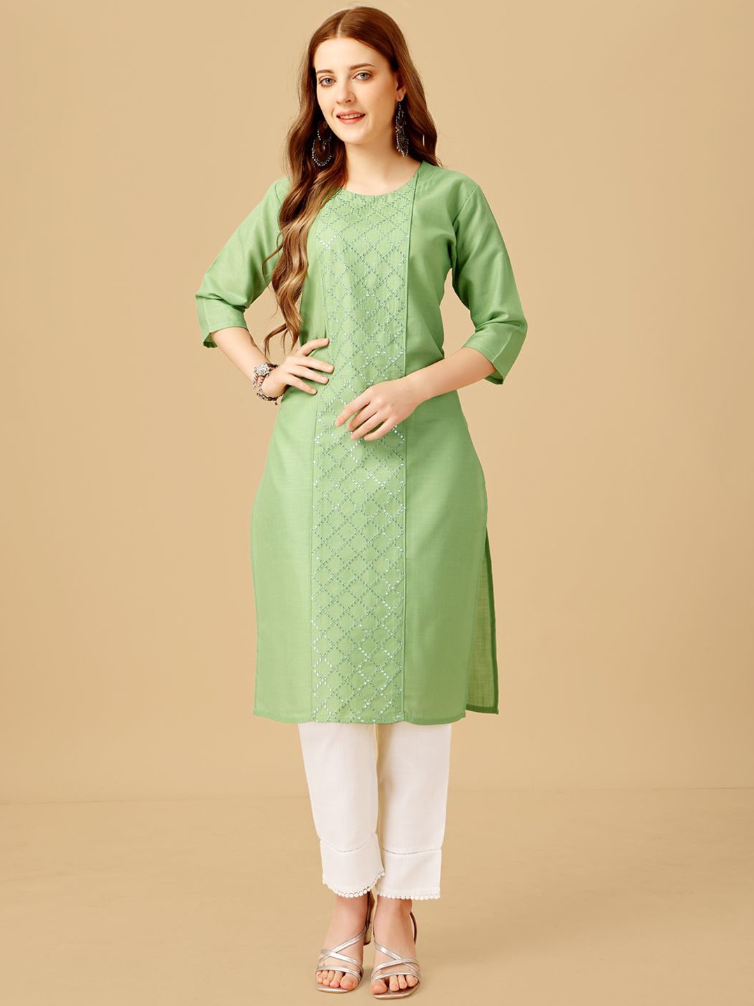 

HI FI NX Embroidered Sequinned Straight Kurta with Trouser, Green