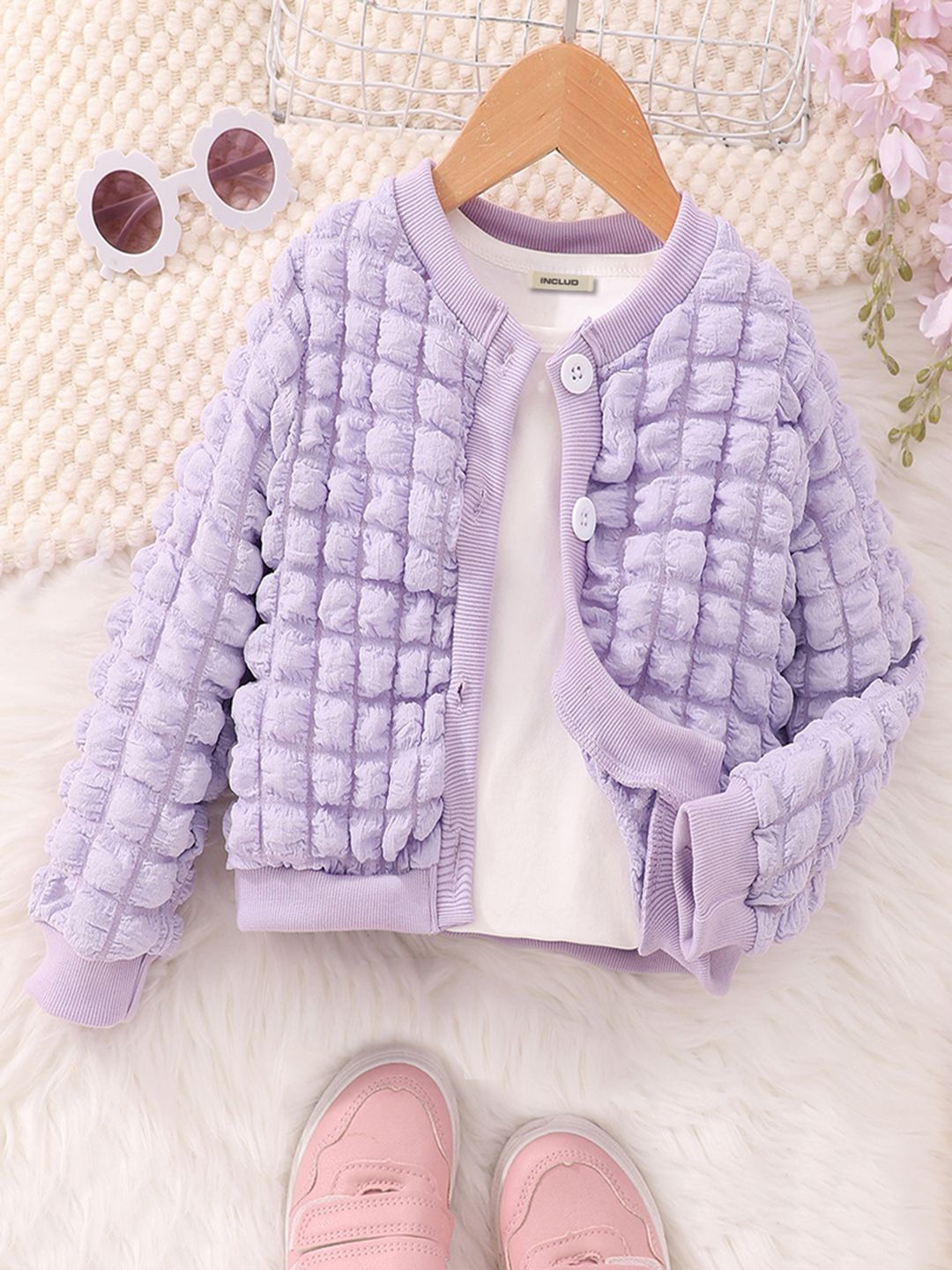 

INCLUD Girls Stand Collar Self Design Casual Puffer Jacket, Lavender