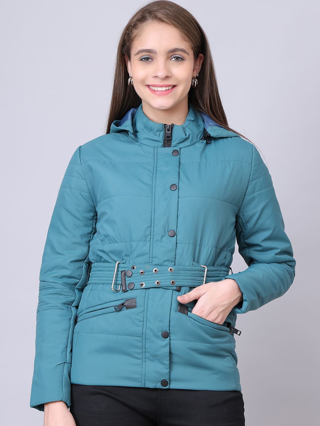 

HOUSE OF VEDAS Women Hooded Solid Casual Padded Jacket, Teal