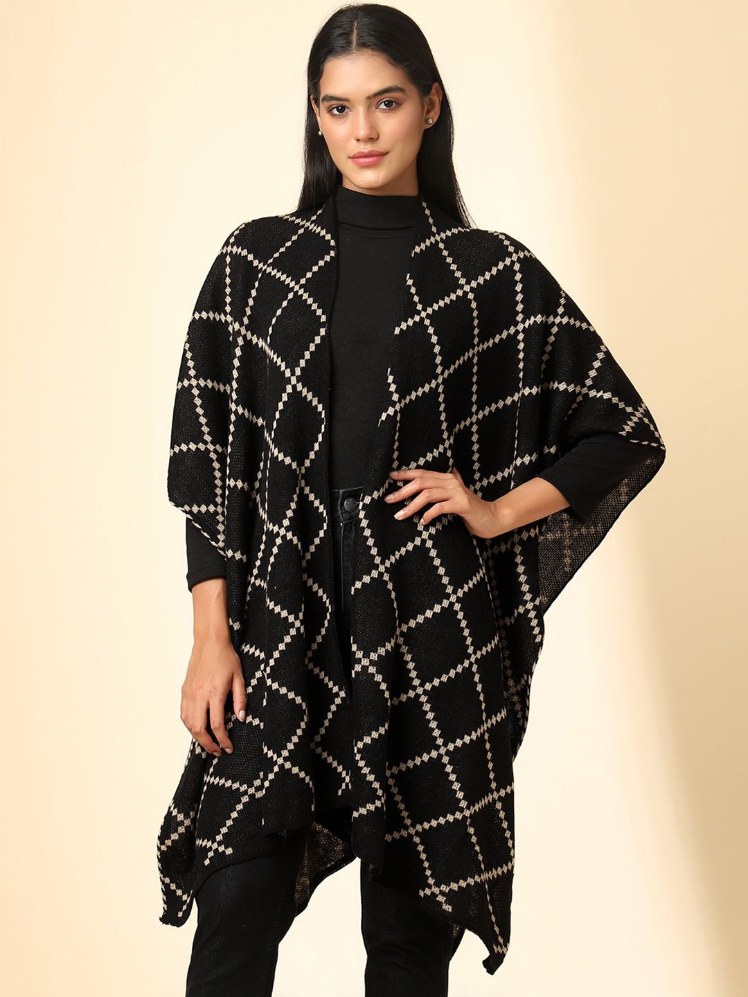 

Zamour Checked Open Front Longline Shrug, Black