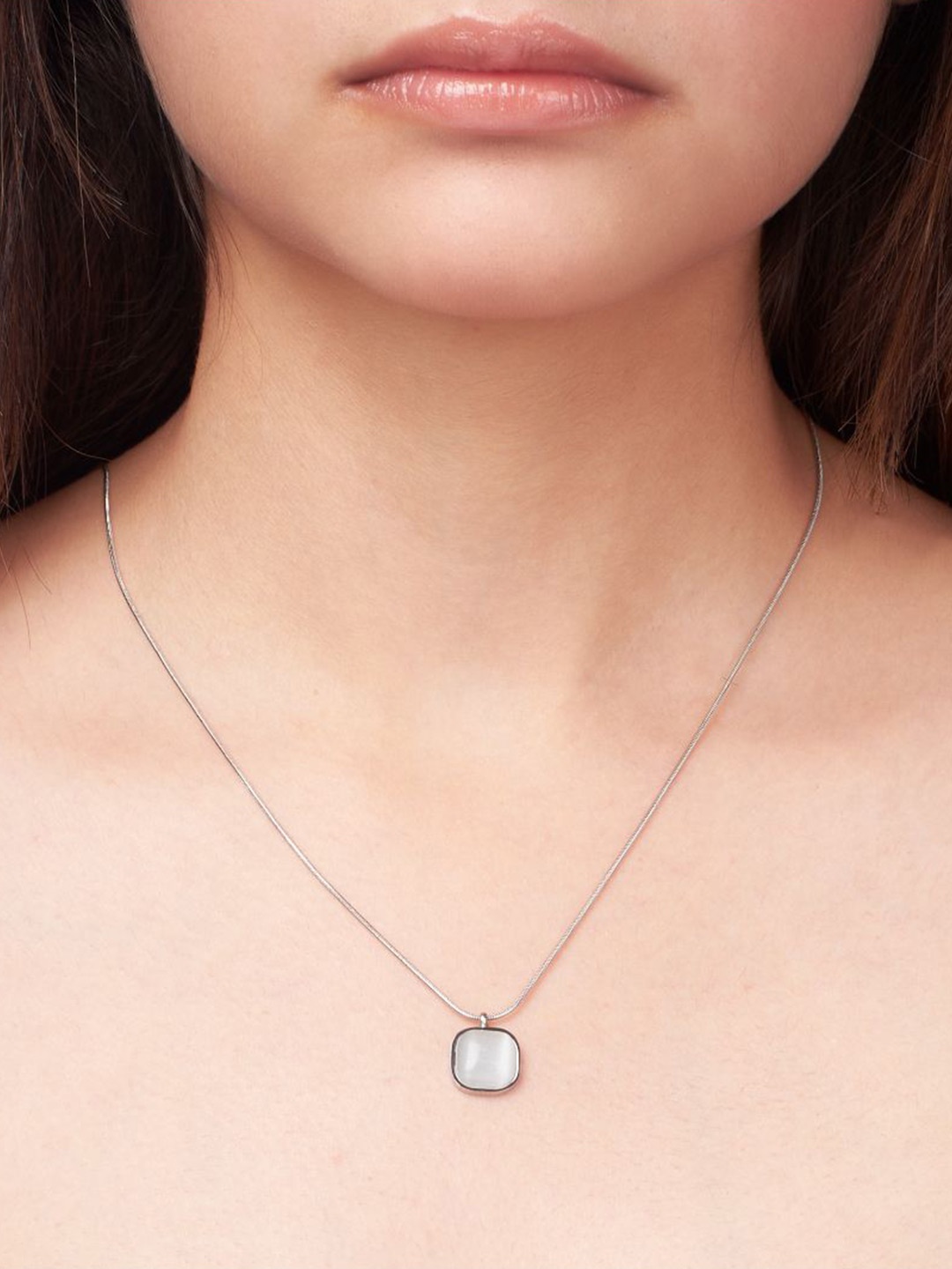 

SALTY Stone Studded Square Stainless Steel Pendant With Chain, Silver
