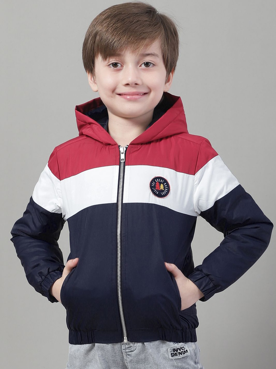 

HOUSE OF VEDAS Boys Hooded Colourblocked Casual Padded Jacket, Navy blue