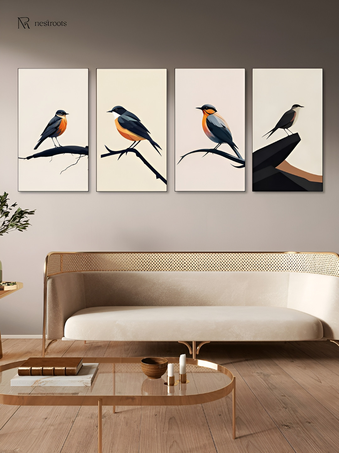 

nestroots White & Black 4 Pieces Serene Bird Canvas Painting Wall Arts