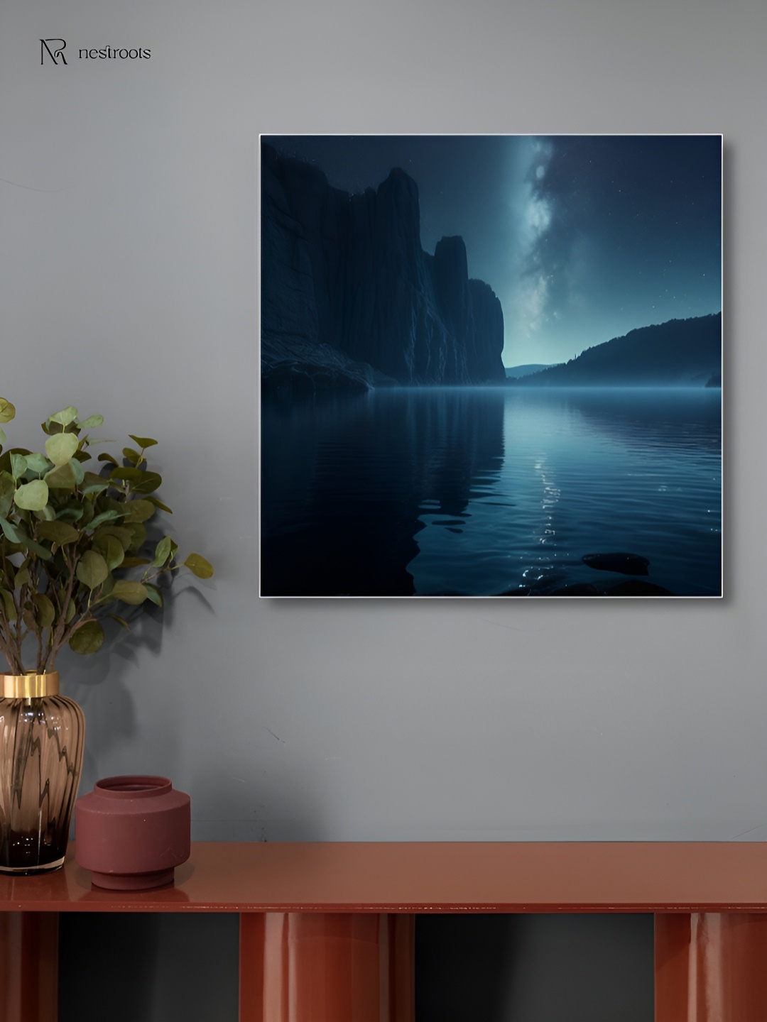 

nestroots Navy Blue & White Tranquil Lakeside Night Sky Painting Canvas Wall Art