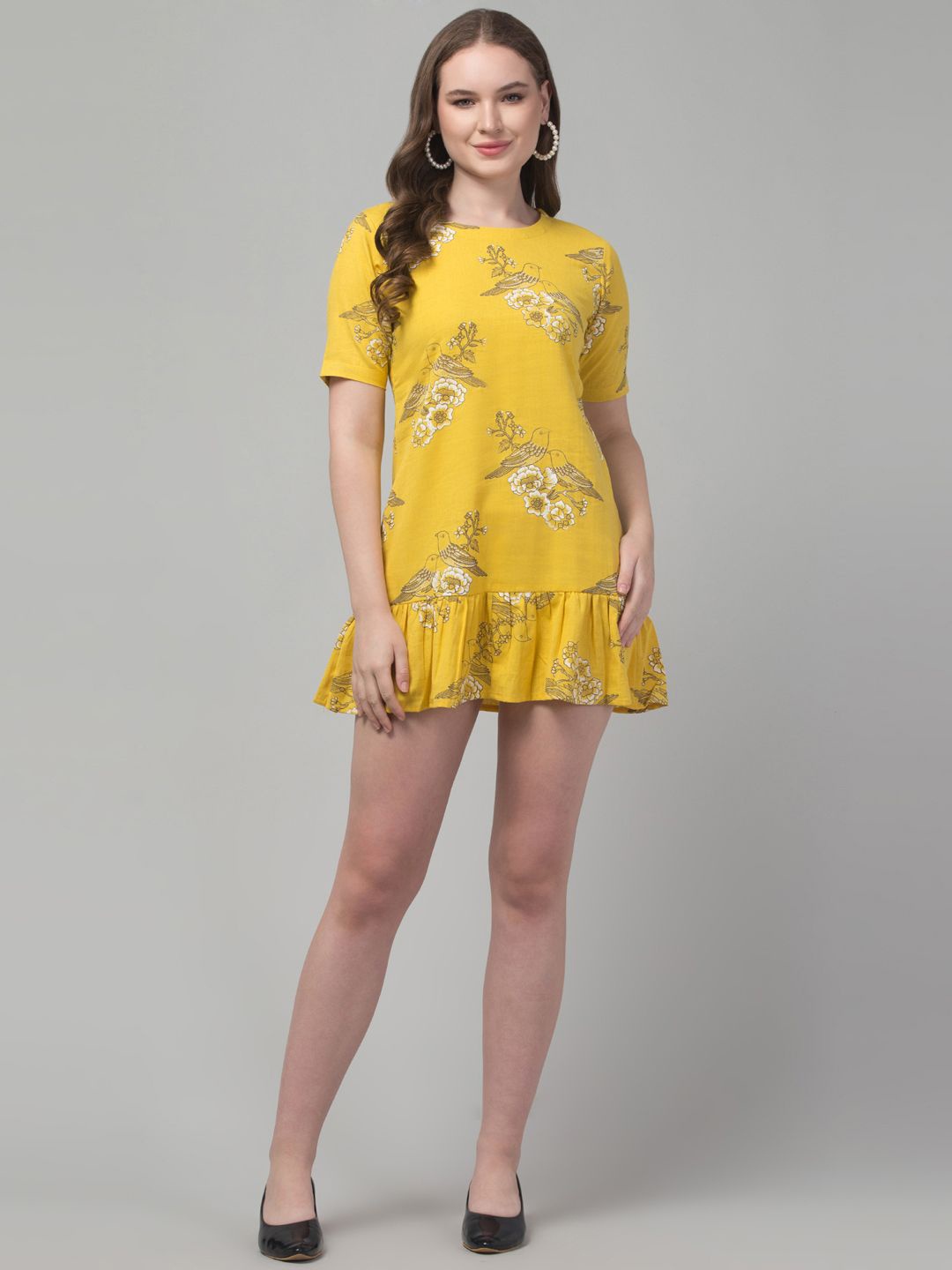 

Trend Level Ethnic Motifs Printed Round Neck Short Sleeves A-Line Mini Dresses, Mustard