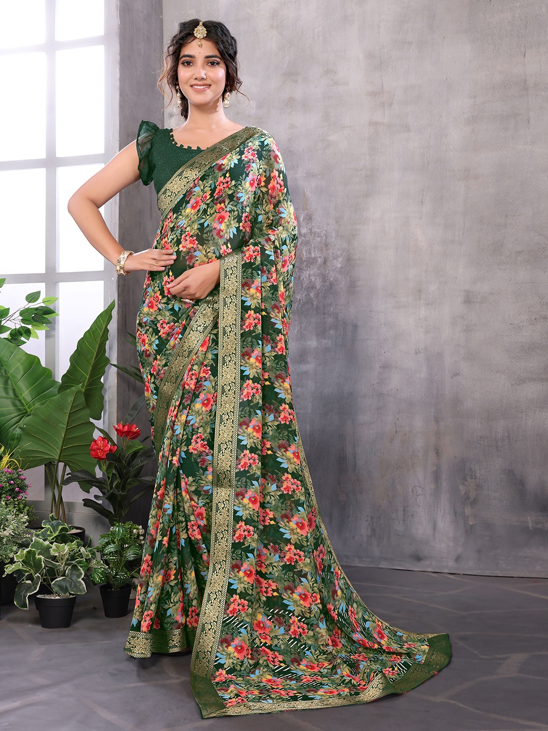 

KALINI Floral Printed Woven Design Zari Saree, Green