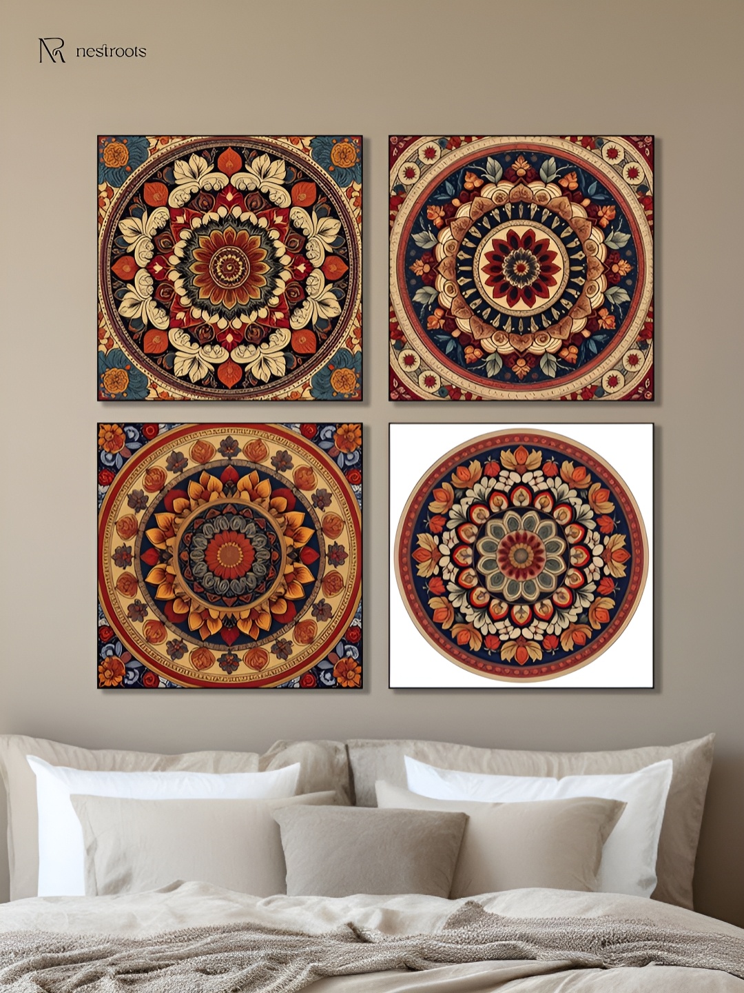 

nestroots Beige & Blue 4 Pieces Traditional Floral Circle Canvas Wall Arts