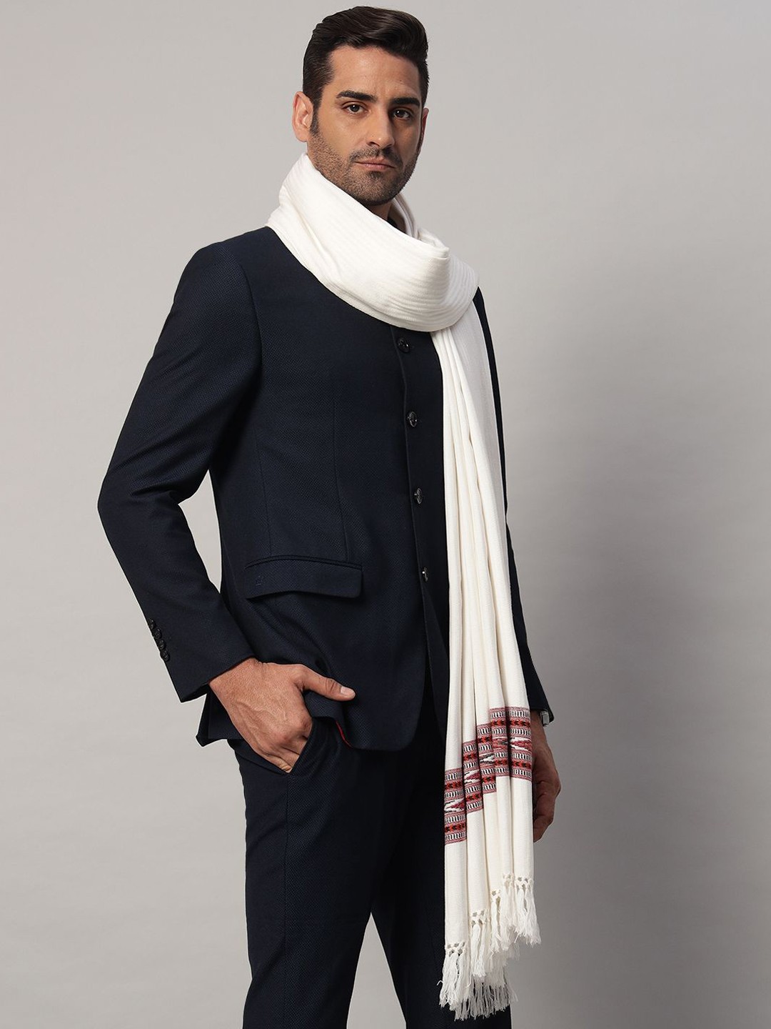 

HANDICRAFT PALACE Abstract Woven Design Woollen Shawl, White