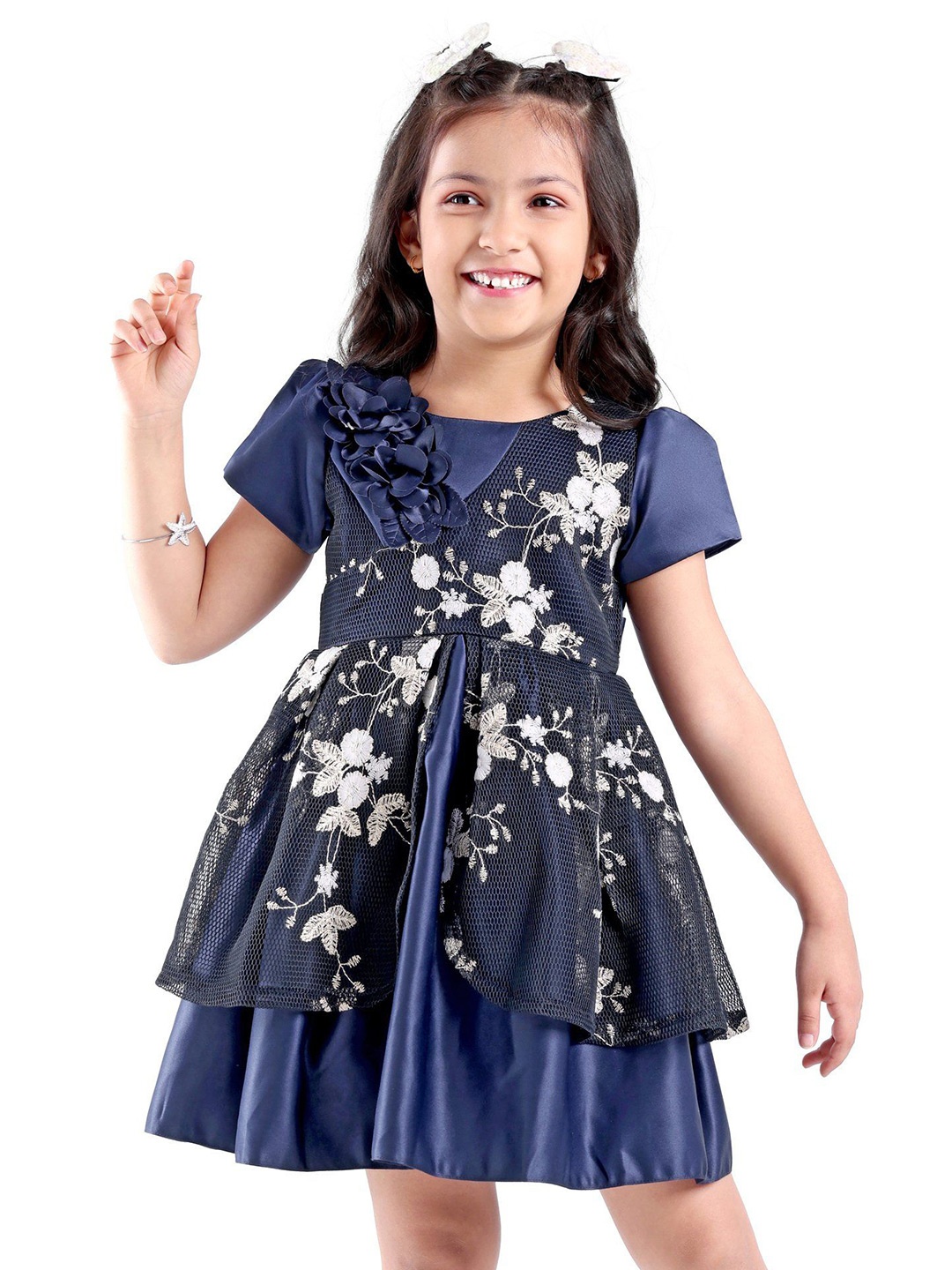 

Mark & Mia Girls Floral Embellished Round Neck Fit and Flare Dress, Blue