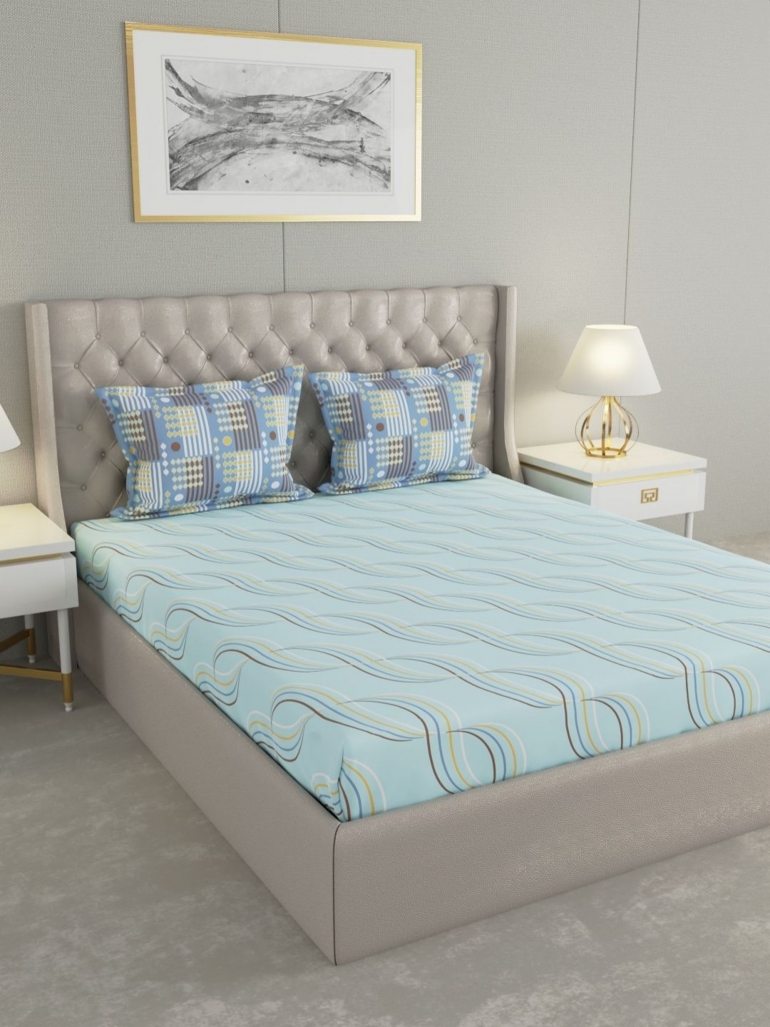 

Raymond Home MYSTIQUE Blue Abstract Printed Cotton 110 TC Queen Bedsheet Set 2.54 x 2.24m