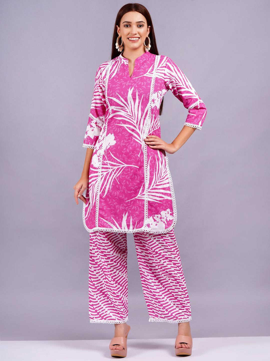 

KALINI Floral Printed Mandarin Collar Three-Quarter Sleeves Pure Cotton Top With Palazzo, Pink