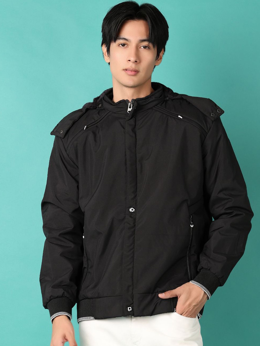 

V-Mart Men Hooded Solid Cotton Casual Bomber Jacket, Black