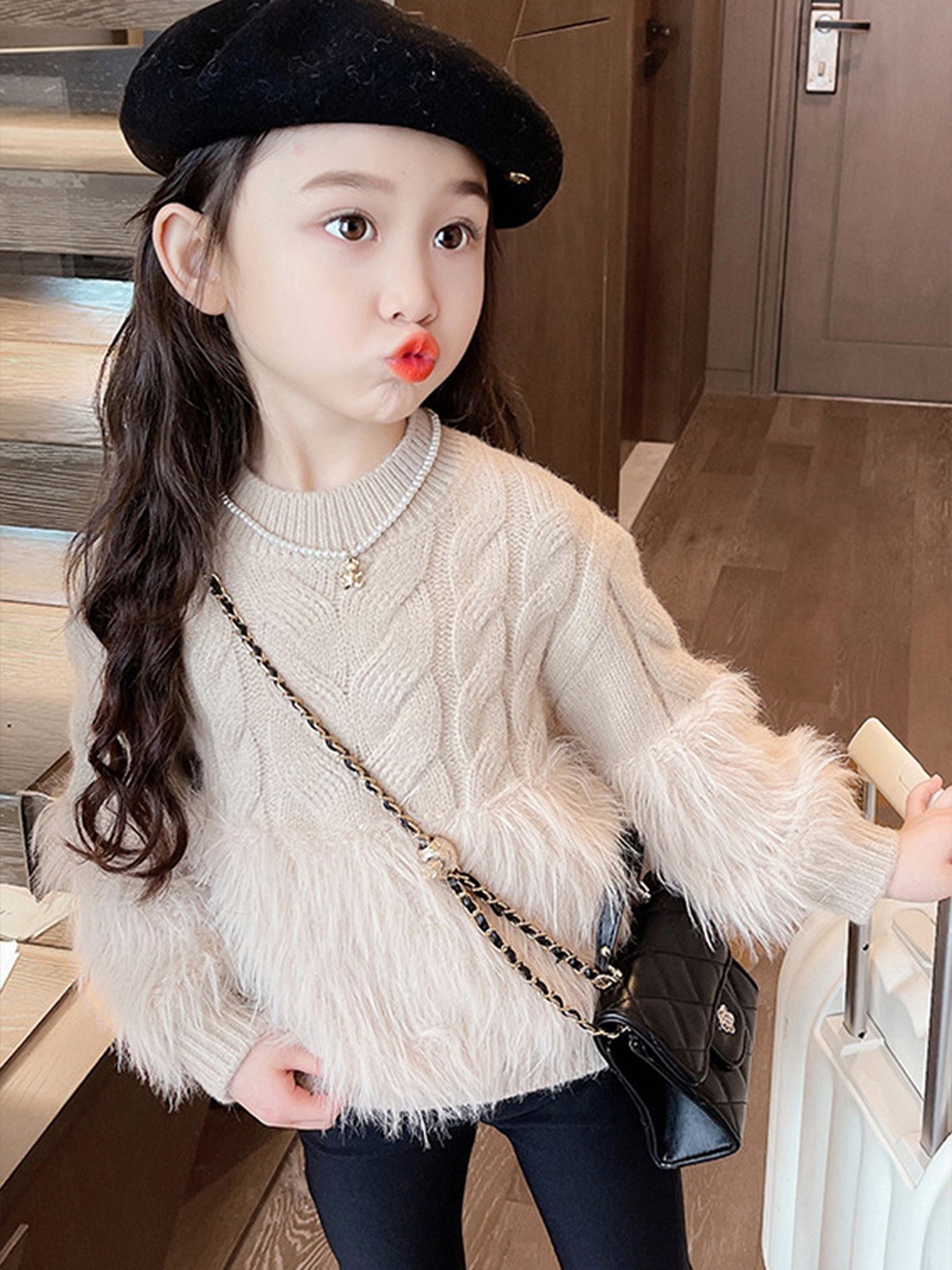 

LULU & SKY Girls Self Design Fuzzy Detailed Pullover Sweaters, Khaki