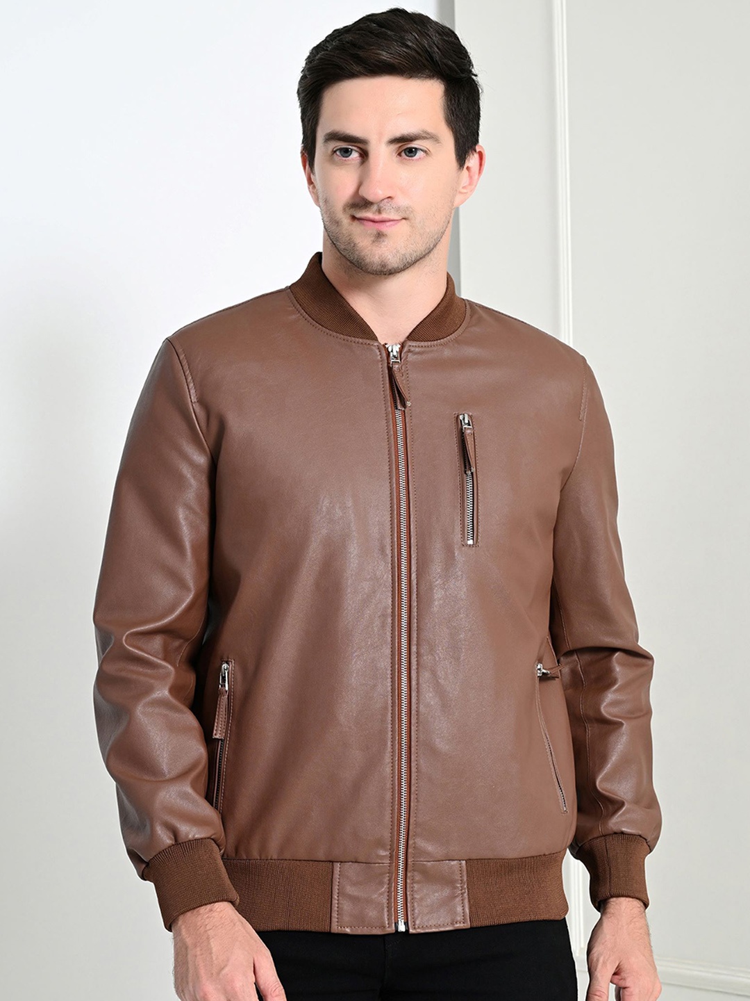 

TBOJ Men Stand Collar Solid Casual Biker Jacket, Brown