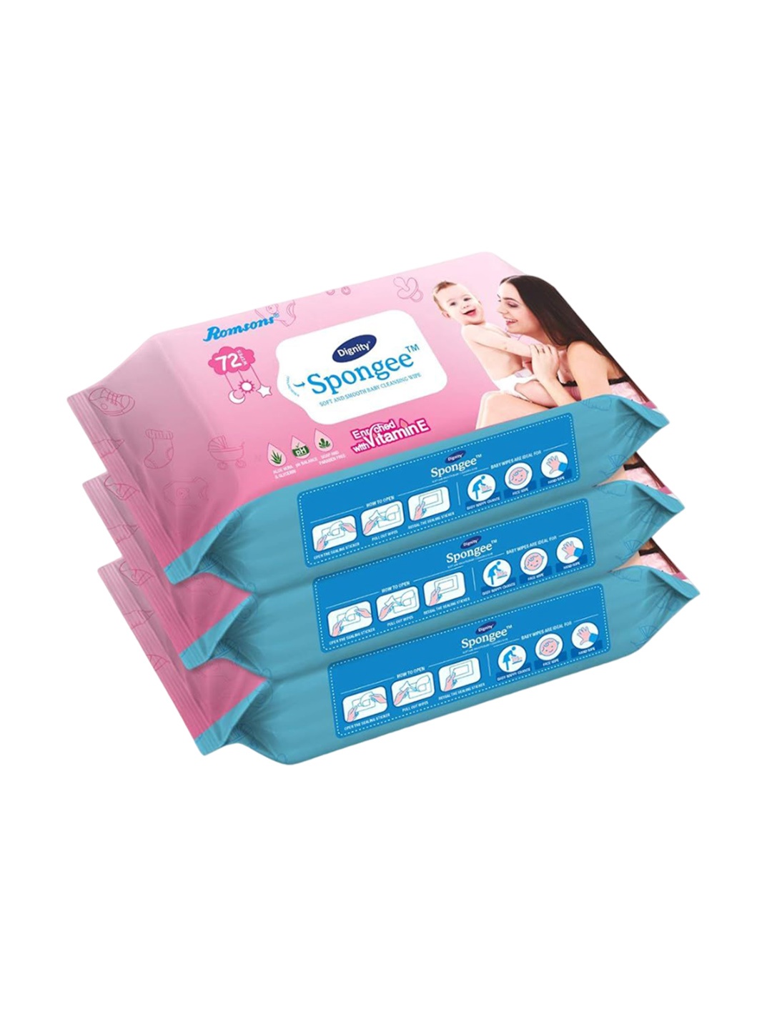

Romsons Dignity Spongee Set Of 3 Baby Wet Wipes With Aloe Vera - 72 Each, Blue
