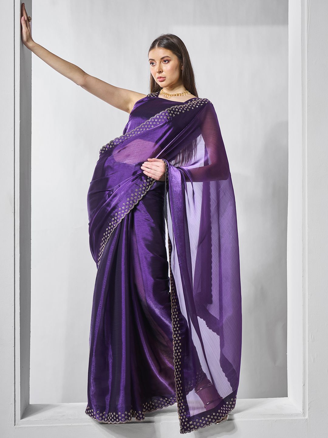 

Kalista Beads and Stones Organza Ready to Wear Saree, Purple