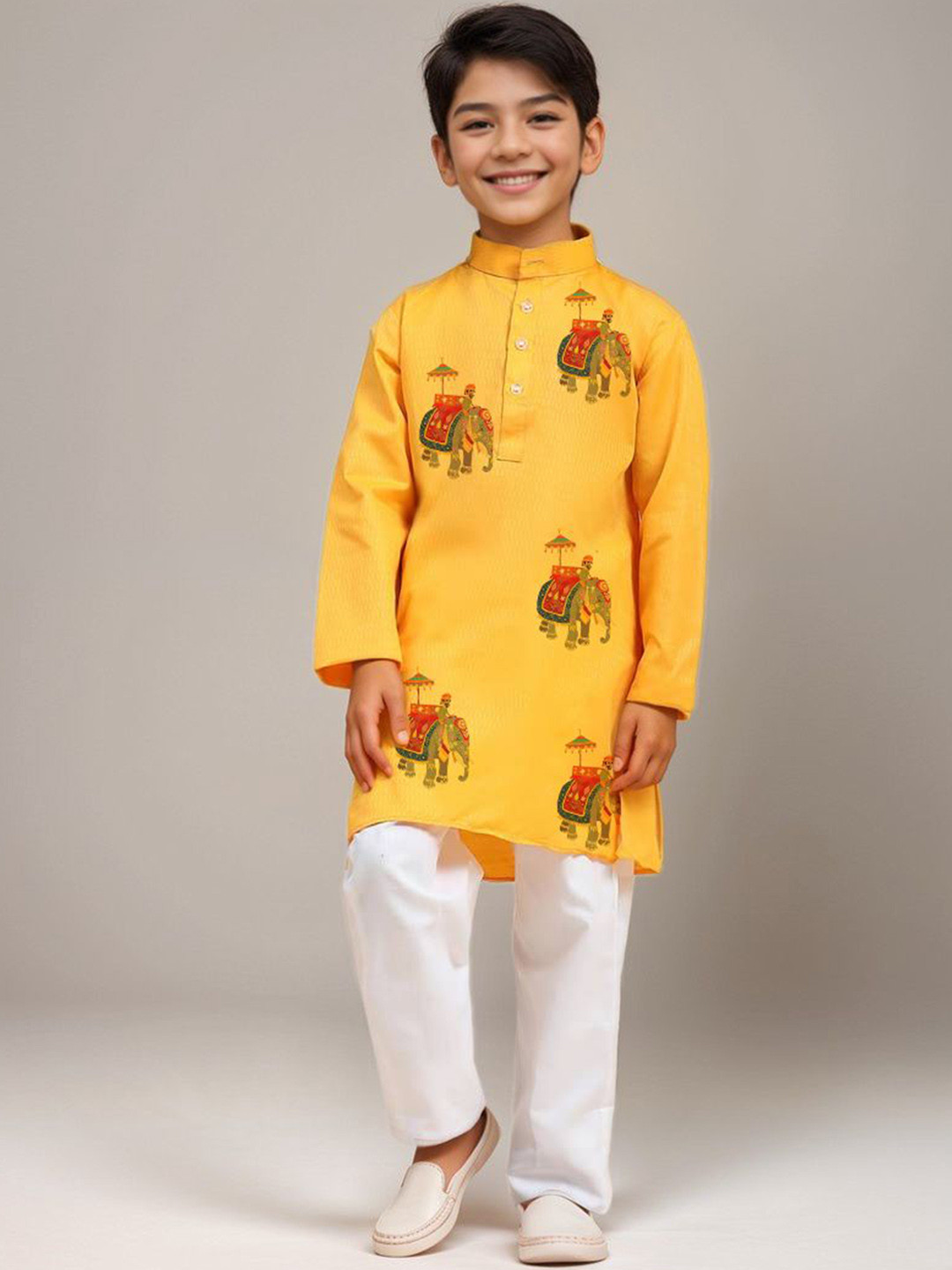 

DEVOILER Boys Animal Printed Mandarin Collar Dupion Silk Straight Kurta, Yellow