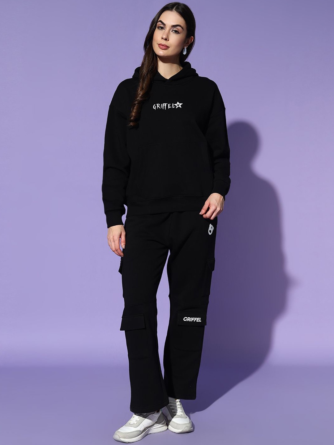 

GRIFFEL Women Typography Printed Hood Regular Tracksuits, Black