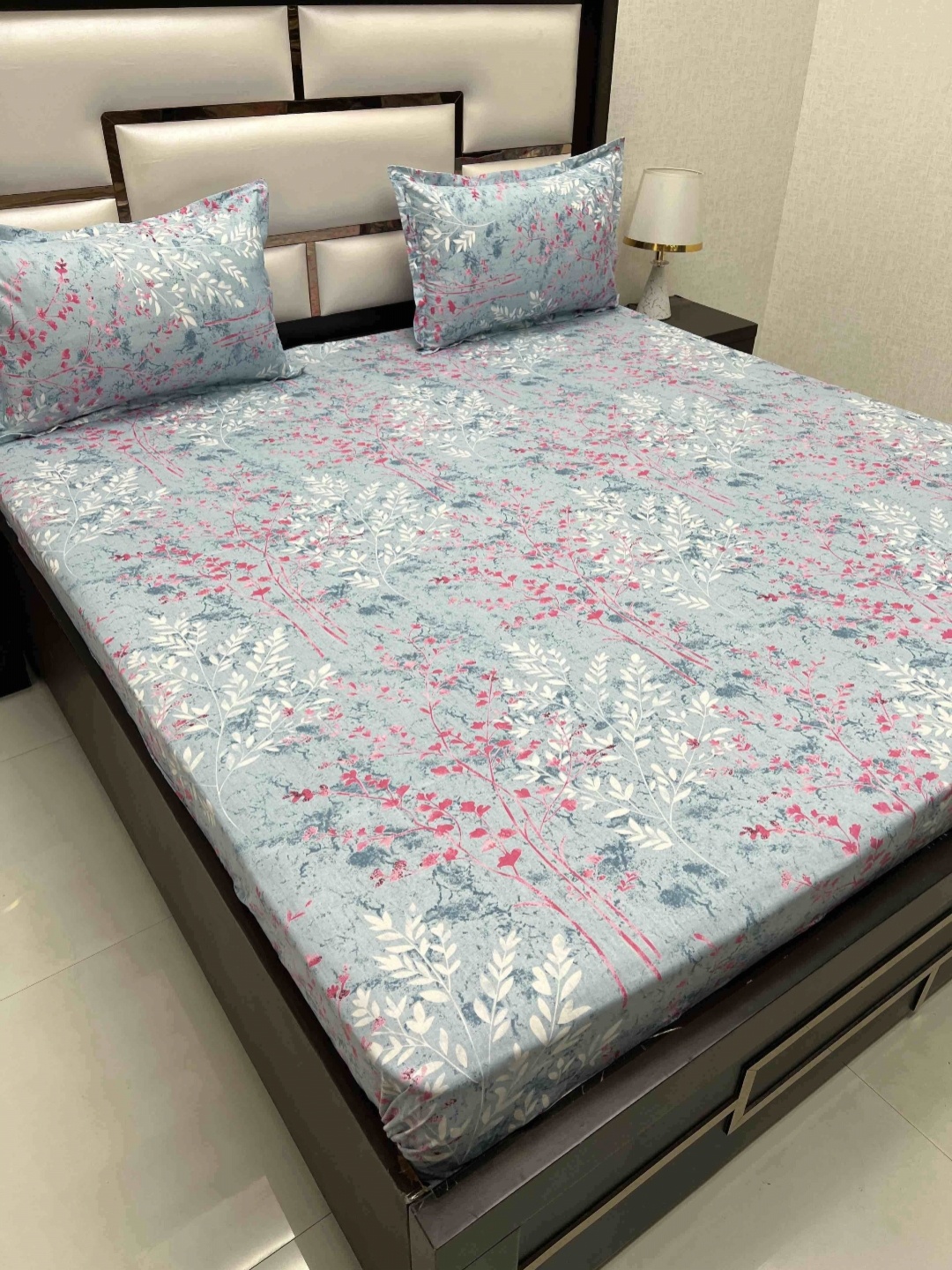 

Pure Decor Velar Blue Floral Pure Cotton 400 TC Super King Bedsheet Set-2.74 m x 3.04 m
