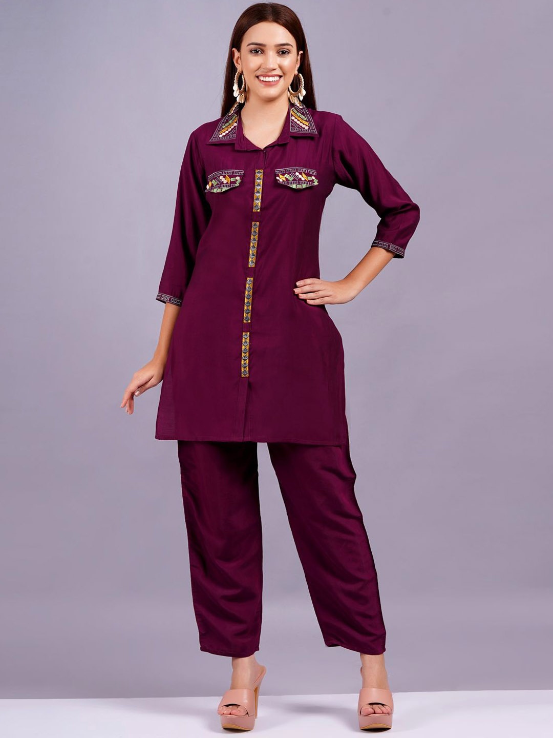 

KALINI Geometric Embroidered Shirt Collar Top With Trouser, Burgundy