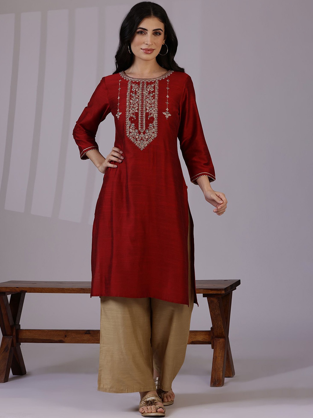 

W Red Floral Yoke Design & Embroidered Sequinned Round Neck Straight Kurta