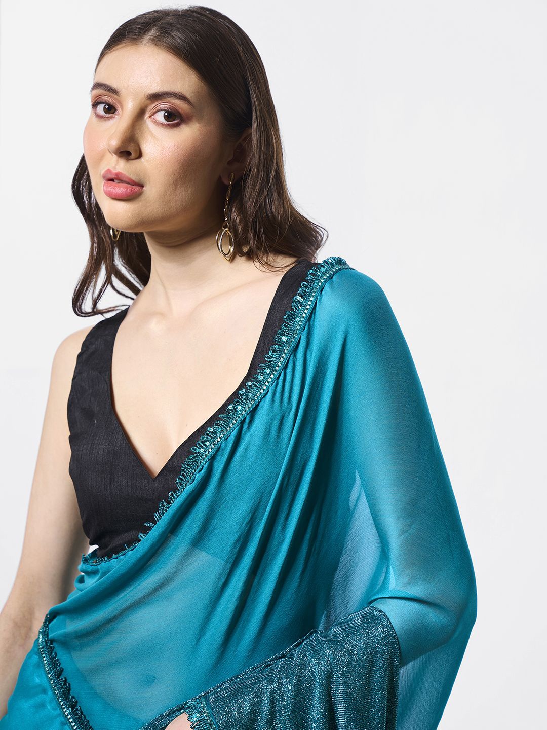

Kalista Embellished Sequinned Pure Chiffon Ready to Wear Saree, Teal