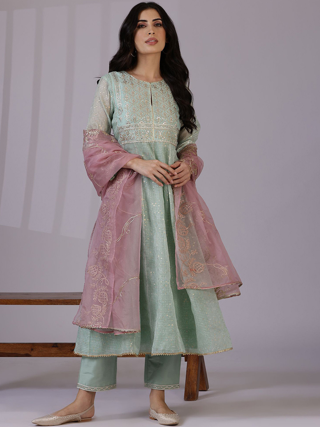 

W Green Floral Embroidered Round Neck Three-Quarter Sleeves Kurta & Trouser With Dupatta