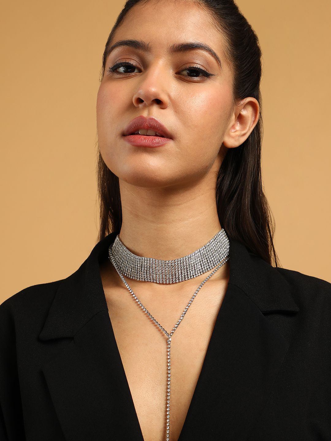 

SOHI Silver-Plated The Bijou Multi-Layered Stone Studded Minimal Necklace