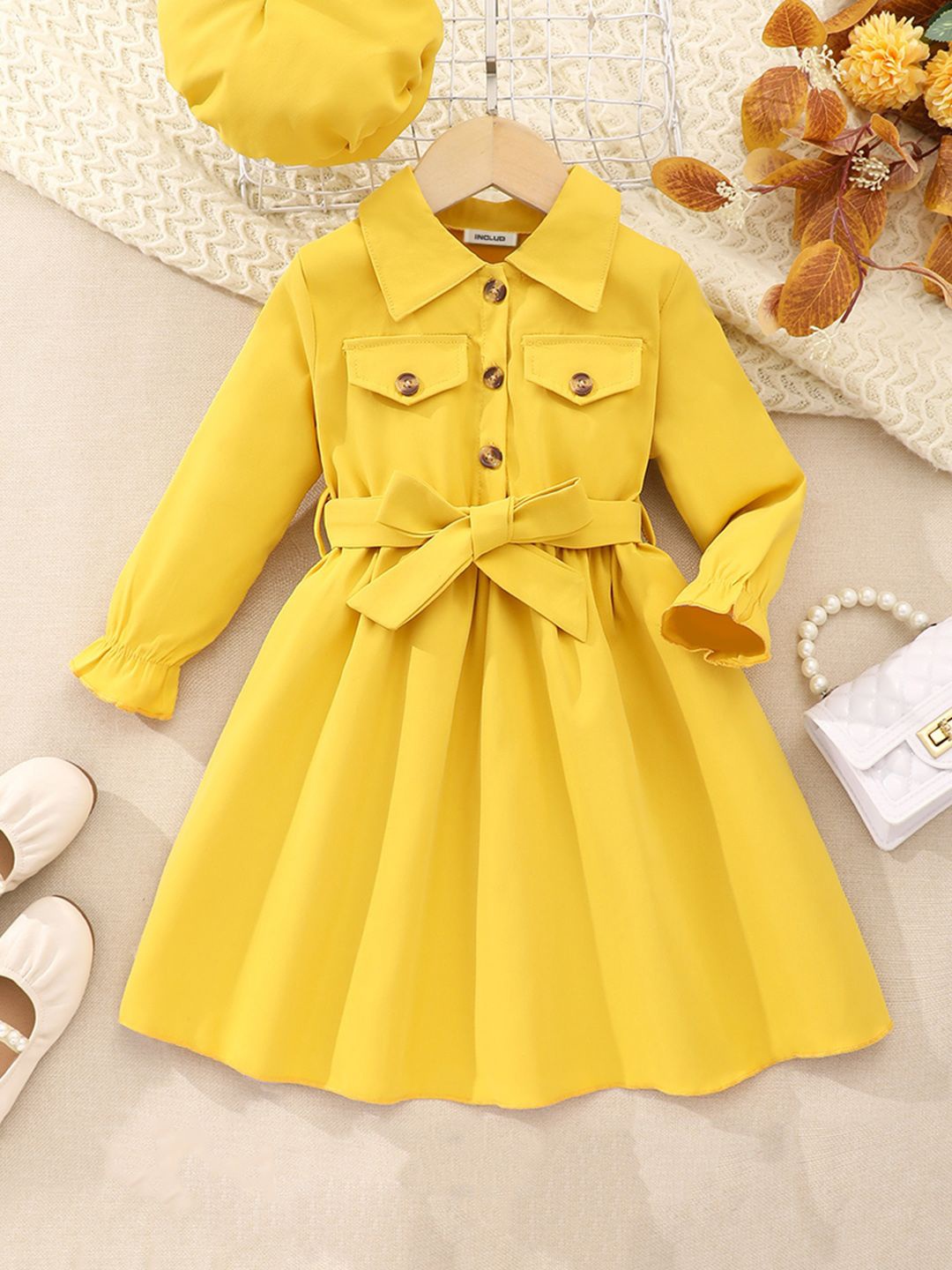 

INCLUD Girls Puff Sleeve Shirt Collar Dress, Yellow