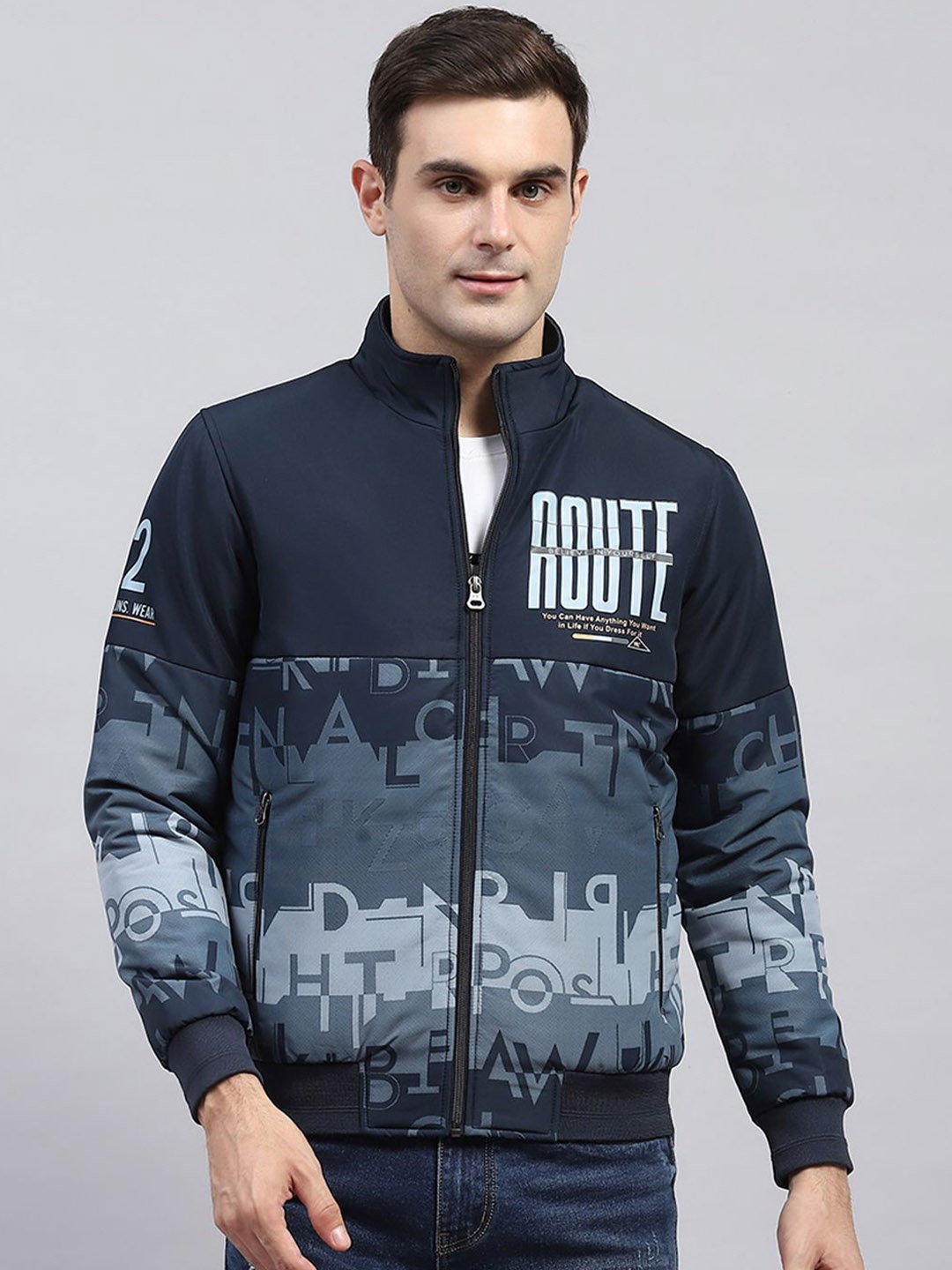 

Monte Carlo Men Mock Collar Typography Printed Casual Bomber Jacket, Navy blue