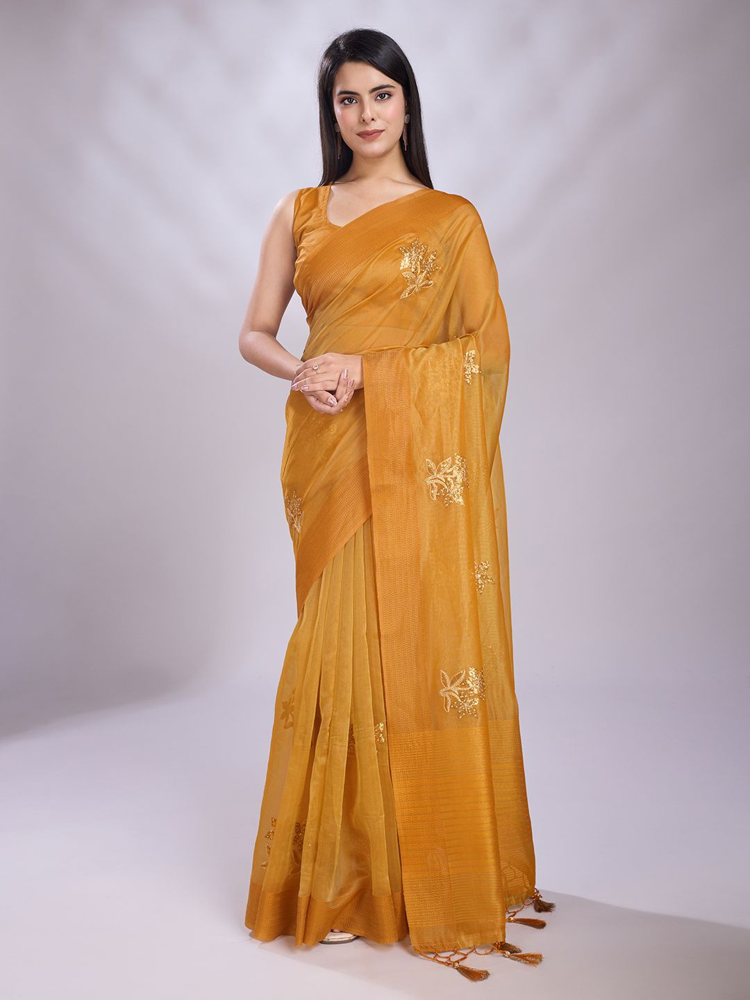 

Mitera Embellished Sequinned Saree, Yellow