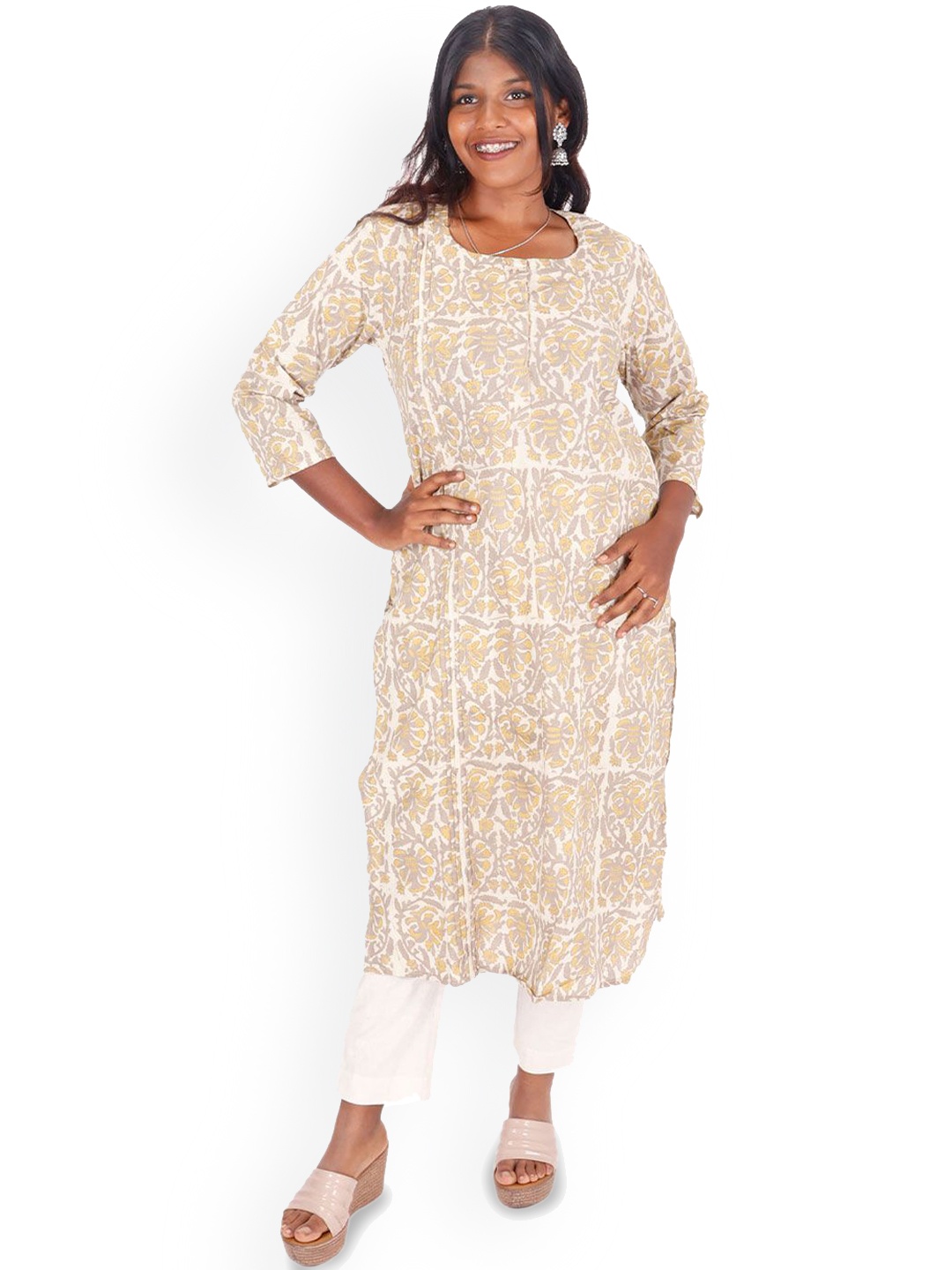 

Avishya Ethnic Motifs Printed Pure Cotton Straight Kurta, Beige