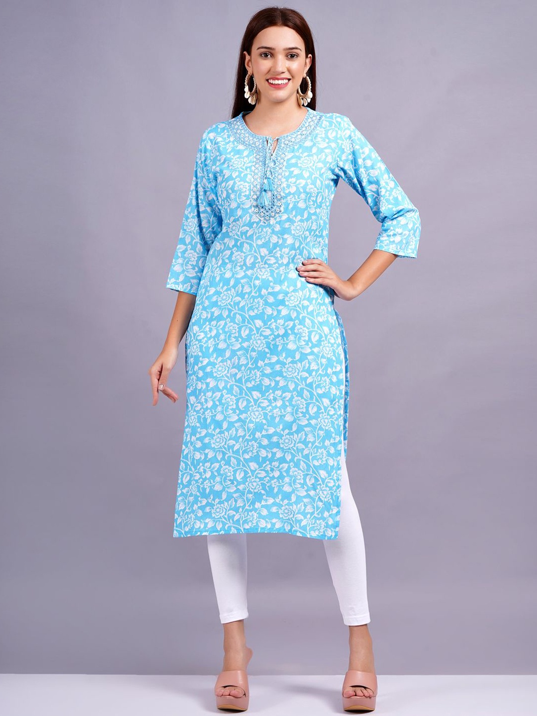 

KALINI Floral Printed Mirror Work Tie-Up Neck Cotton Straight Kurta, Blue