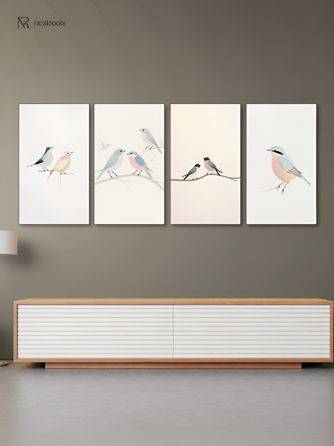 

nestroots Beige & Blue 4 Pieces Serene Bird Branch Canvas Paintings Wall Art