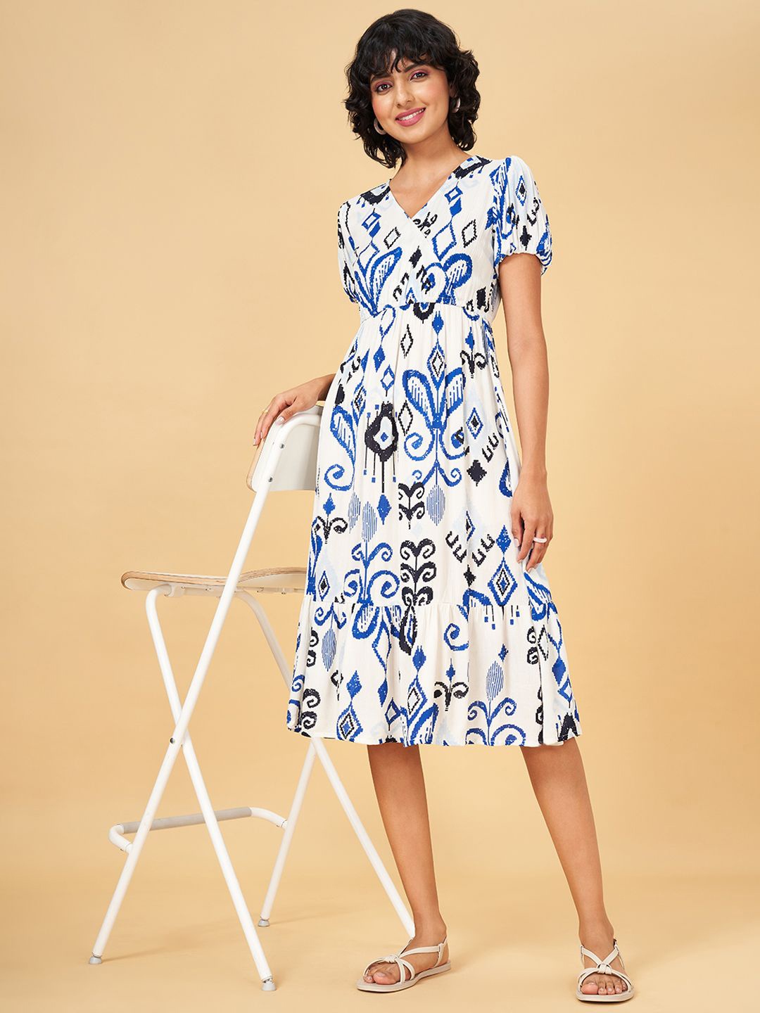

YU by Pantaloons Women White V Neck Floral Embroidered Puff Sleeve A-Line Midi Dress