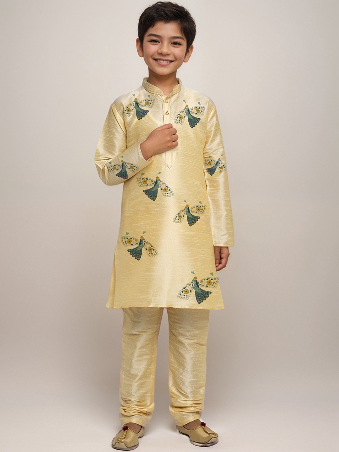 

DEVOILER Boys Ethnic Motifs Printed Mandarin Collar Kurta, Beige