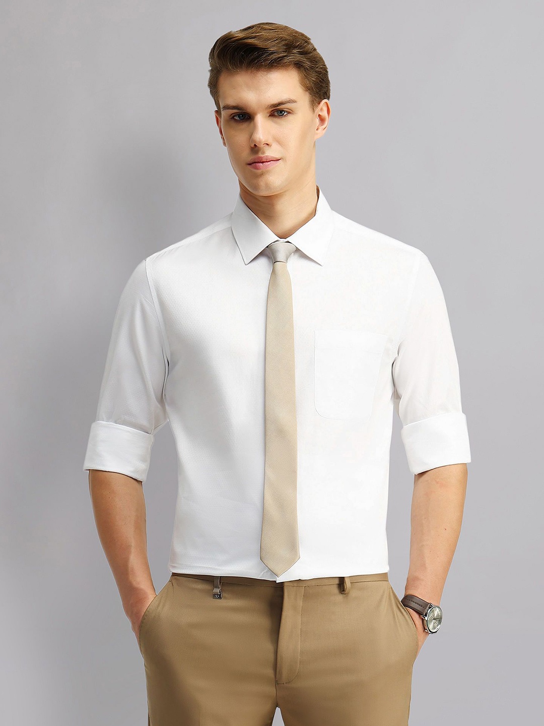 

AD By Arvind Men Spread Collar Solid Cotton Formal Shirt, White