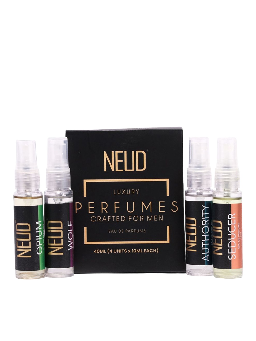 

NEUD Men Set Of 4 Wolf, Authority, Opium & Seducer Eau De Parfum - 10 ml Each, Black