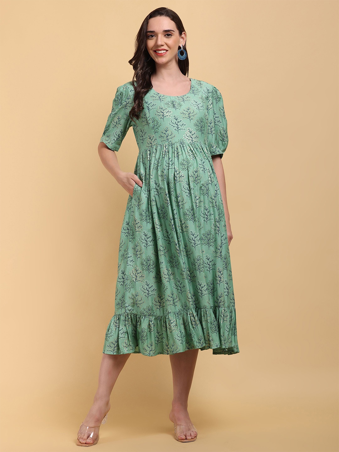 

CHARISMOMIC Women Floral Printed Puff Sleeve Maternity Fit & Flare Dress, Green