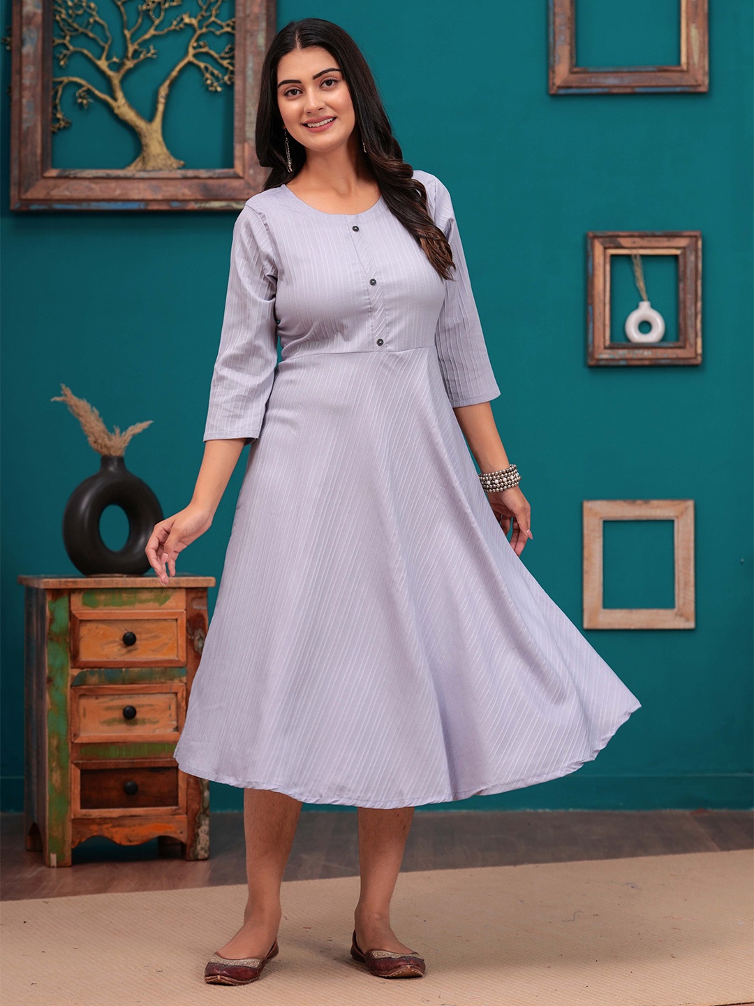 

DIZON Women Striped A-Line Midi Ethnic Dress, Grey