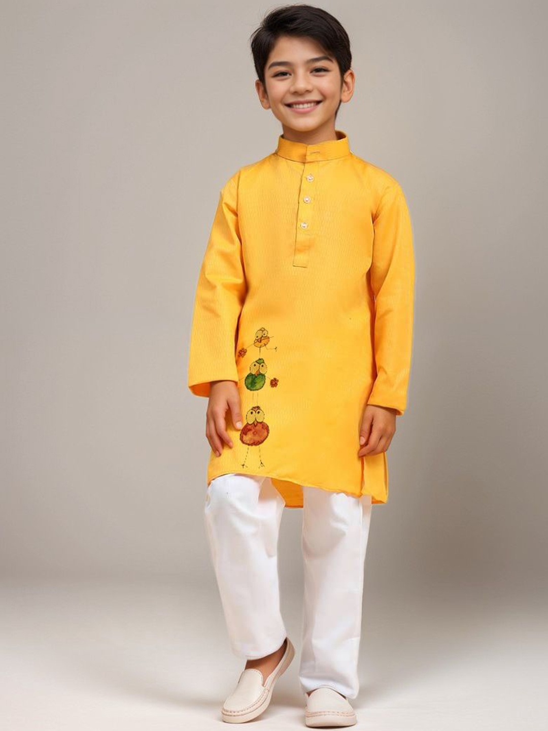 

DEVOILER Boys Ethnic Motifs Printed Band Collar Cotton Straight Kurta, Yellow